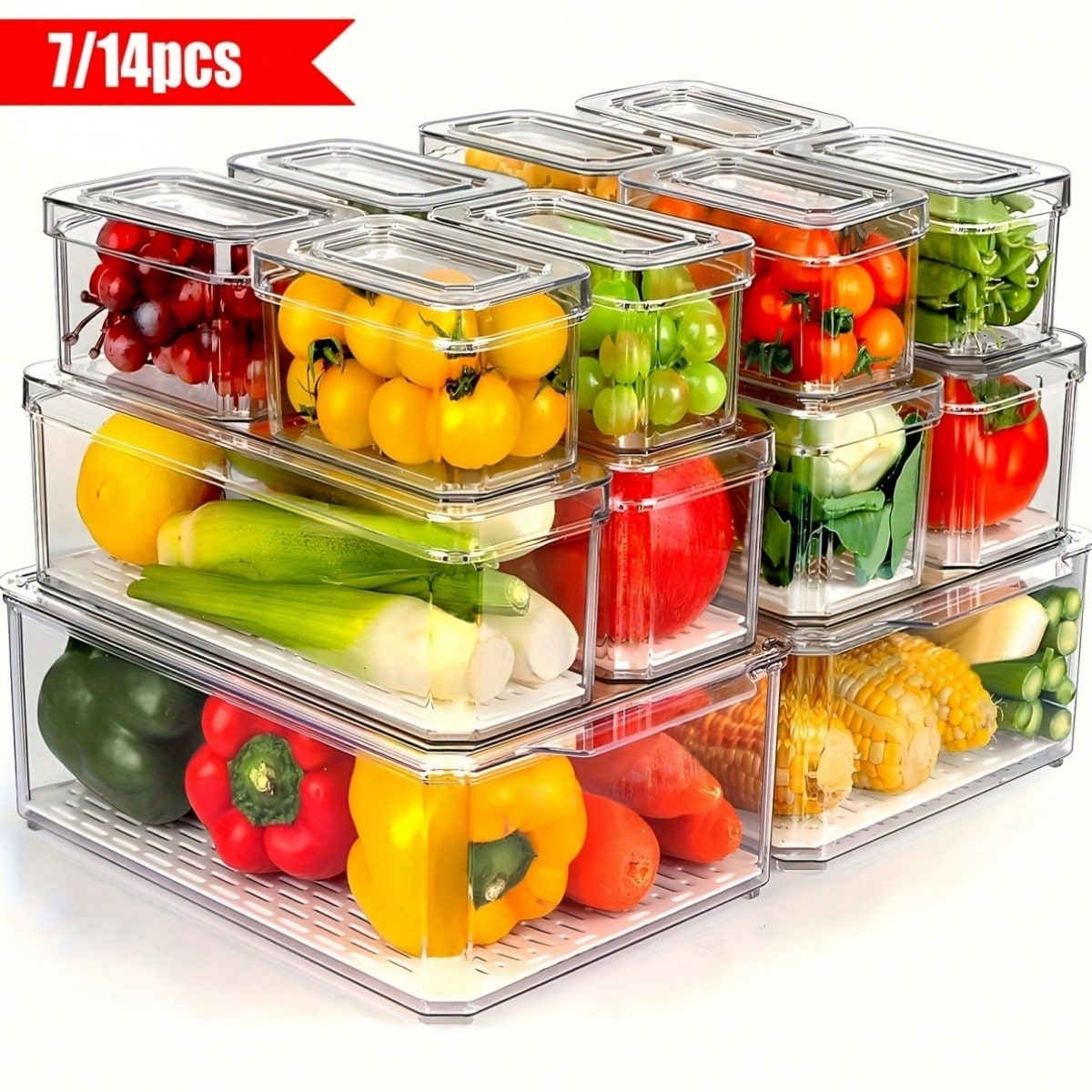 Food Storage Stackable Containers - 7/14팩 적층형 냉장고 정리함(뚜껑 포함), 과일,