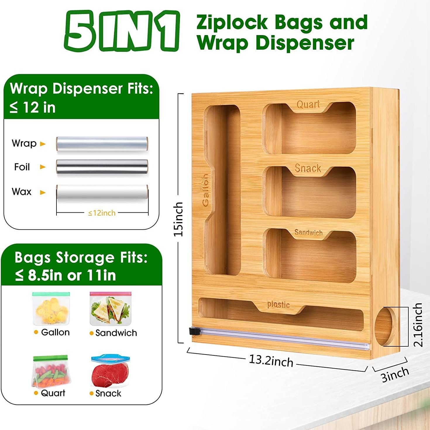 Food Storage Dispenser - 대나무 지퍼 식품 가방 거치대 호환