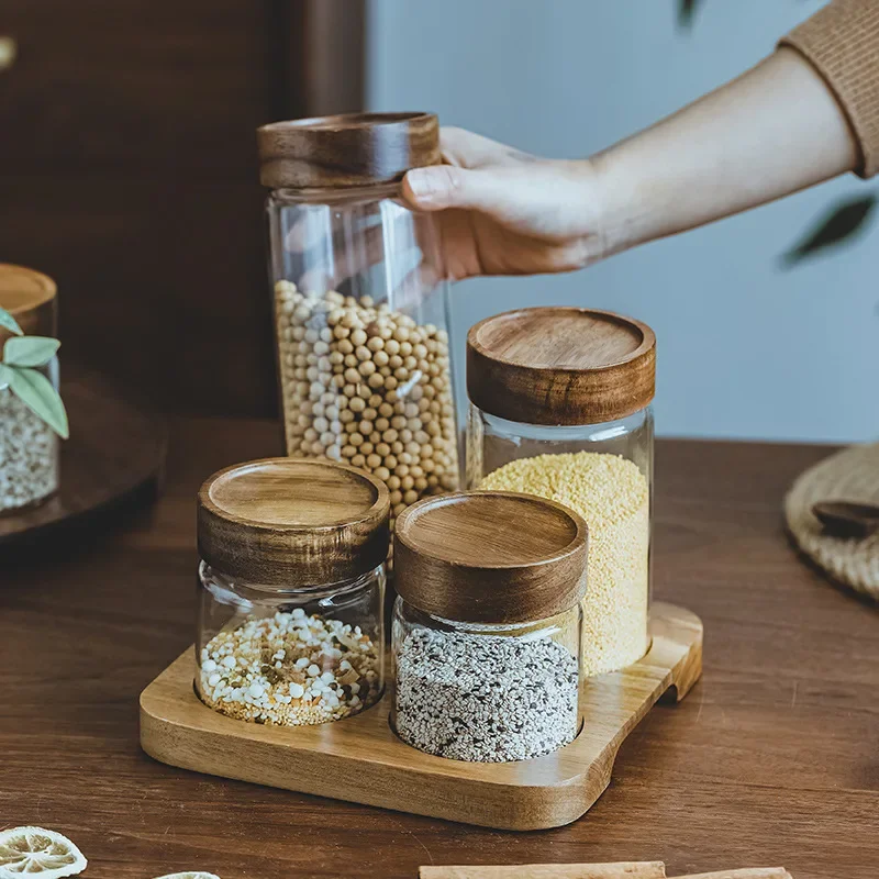 Food Storage Dispenser - 목재 뚜껑 오거나이저 유리 밀폐 용기,