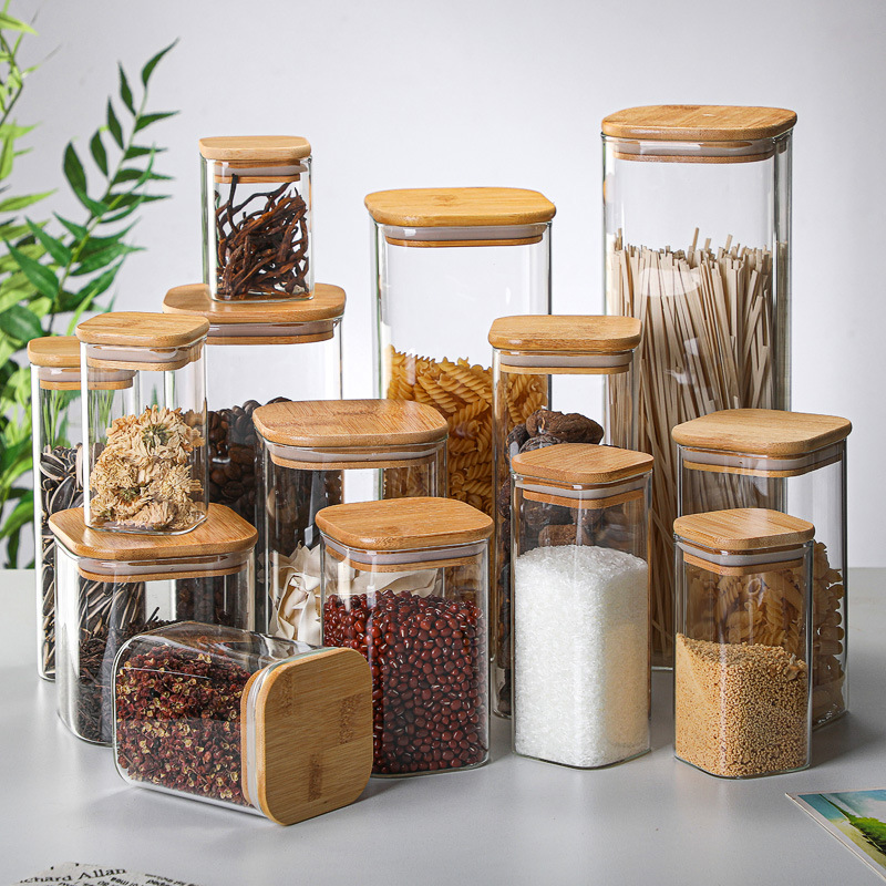 Glass Meal Prep Container - 대나무 유리 통 투명 보관 병,